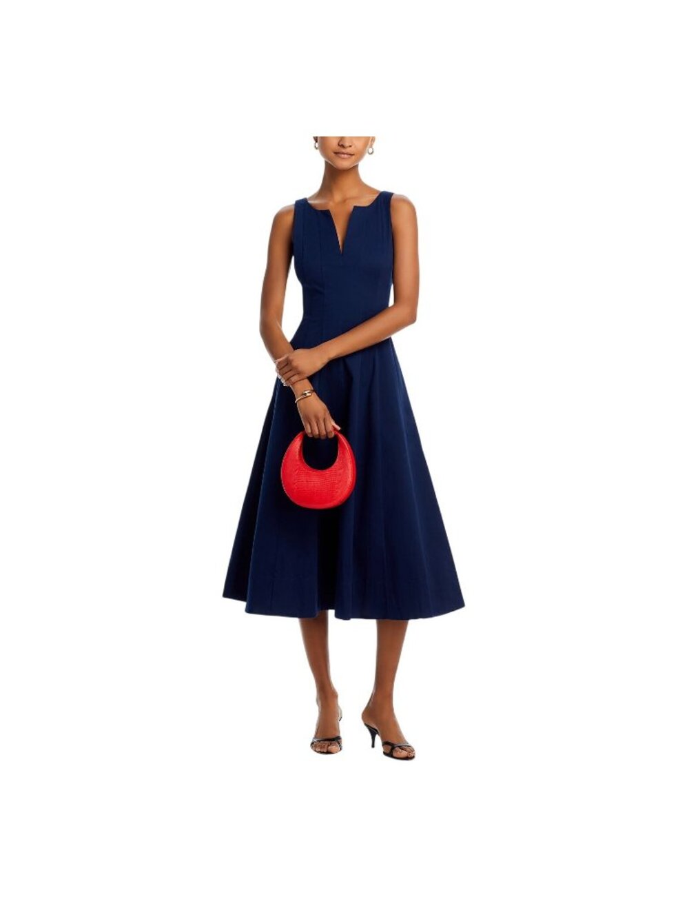 NWT Aqua Womens Paneled A-Line V-Neck Midi Dress IDL9634 Navy Blue M